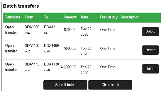 image of batch transfers screen within Business Internet Banking