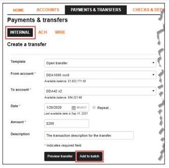 image of payments and transfers screen within Business Internet Banking